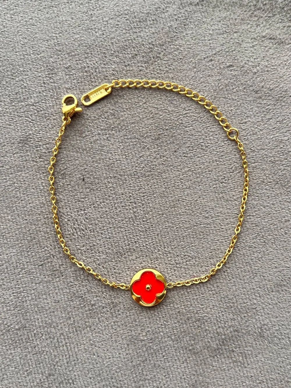 Gold Over Stainless Steel Chain Bracelet with Red Flower Clover Charm